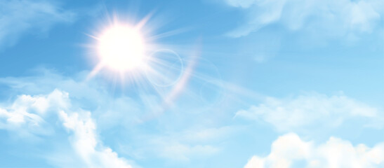 sun in blue sky with clouds. sunny summer day background, sunshine in spring cloudy heaven. sunlight