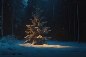 Wall Mural - enchanted winter forest clearing with illuminated snow-covered evergreen tree, ethereal moonlight casting blue shadows, sparkling frost crystals in the air