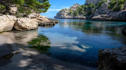 Poster - Tranquil coastal inlet with rugged rocks and clear blue waters under open sky : Generative AI