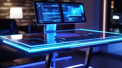 Aufkleber - futuristic computer desk featuring illuminated edges and dual monitors displaying code and data visu