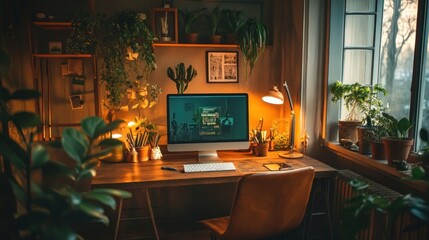 Poster - Cozy home office, plants, computer, design work, window light, blog post