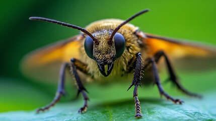 Poster - Extreme CloseUp of Brown Flying Insect with Big Eyes on Green Background : Generative AI