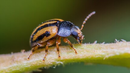 Poster - Striped Beetle on Green Stem in Nature with Detailed Focus and Colors : Generative AI