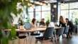 © Generative AI - Trendy Modern Coworking Space with Open Layout and Blurred Background : Generative AI