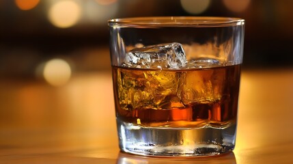 Aufkleber - Elegant Whiskey Glass with Ice Cubes on Warm Toned Background for Premium Beverage Concept : Generative AI