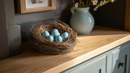 Close-up view of a robins nest with blue eggs resting on a wooden shelf indoors