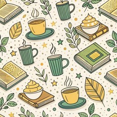 Wall Mural - Cozy Autumn Seamless Pattern Books Coffee Leaves Whipped Cream