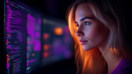 Woman programmer coding late at night.