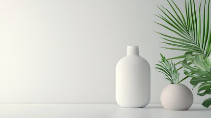 Wall Mural - Self-care routines with lotion. Minimalist decor featuring white vases and green plants on a table.