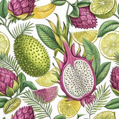 Wall Mural - Vibrant Tropical Fruit Seamless Pattern Dragon Fruit Soursop Lemons and Pineapple