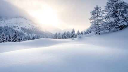 Poster - Serene Winter Landscape with Snow Covered Trees and Mountains under a Soft Sunrise : Generative AI