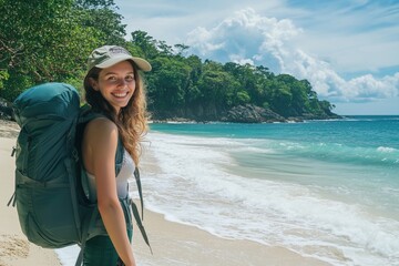 Wall Mural - Young backpacker enjoying a sunny day on a tropical beach with lush greenery and gentle waves