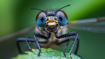 Poster - Macro Shot of Vibrant BlueEyed Insect on Leaf from Front View with Detail on Enchanting Texture and Colors : Generative AI