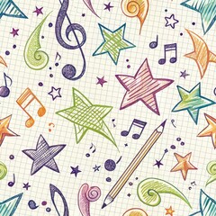 Wall Mural - Colorful Hand Drawn Stars Music Notes and Pencil Seamless Pattern on Notebook Paper Background