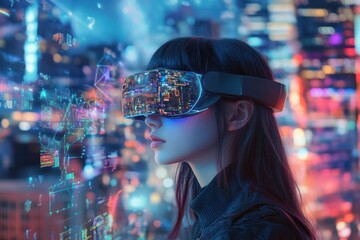 Fototapete - Woman uses VR headset, city night background, data visualization