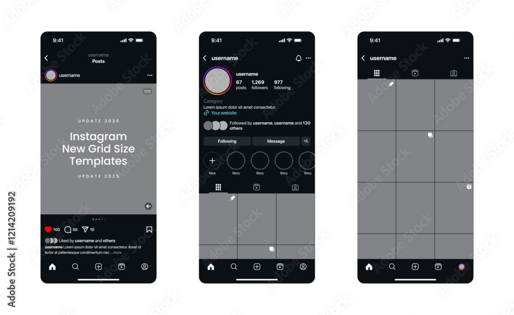 Instagram New Grid Size Template Update 2025 Dark Mode Social