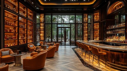 Aufkleber - This upscale lounge showcases warm wood tones and ambient lighting. Luxurious armchairs surround polished tables, while a well-stocked bar glistens against large windows revealing a lush outdoor view.