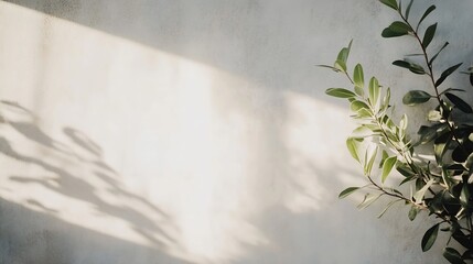Poster - Minimalistic artistic composition of shadow and light with green foliage on textured wall : Generative AI