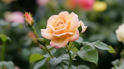 Poster - Elegant Peach Rose and Buds in Bloom with Green Leaves in Garden Setting : Generative AI