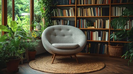 Poster - A welcoming reading corner showcases a grey round chair surrounded by lush green plants and a well-stocked bookshelf bathed in natural light.