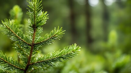 Poster - Close-up of Lush Green Pine Needles with Dew in a Serene Forest