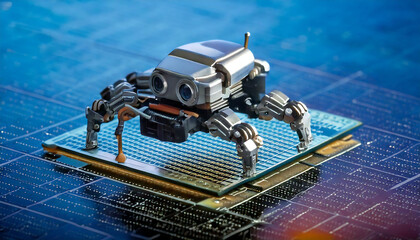 Poster - Futuristic robotic spider on a microchip.  High-tech, detailed CGI render ideal for tech, AI, and innovation concepts.  Perfect for websites, presentations, and articles.