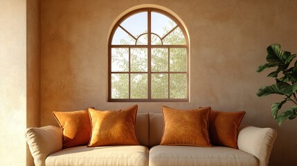 Wall Mural - Loft home interior design of modern living room. beige sofa with terra cotta pillows against arched window near stucco wall with copy space.