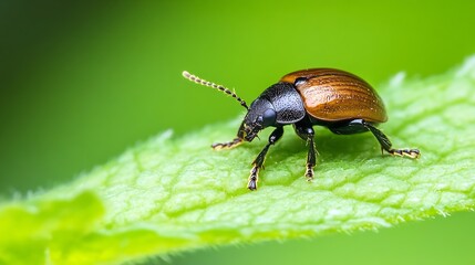 Poster - Detailed View of Brown Beetle on Green Leaf Showcasing Natural Intricacies and Habitat : Generative AI