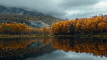 Aufkleber - Mystical Autumn Misty Forest With Golden Leaves Reflecting On Calm Lake Surface : Generative AI