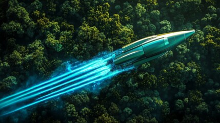 Aufkleber - A sleek rocket ascends rapidly through the sky, leaving vibrant blue trails as it cuts through the air above a lush green forest during sunset