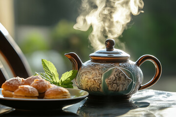 Ceramic teapot with steam rising, accompanied by a plate of pastries and a sprig of mint. Generative AI