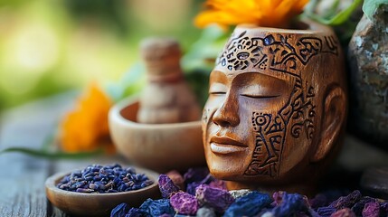 Poster - Handcrafted Wooden Sculpture Embellished with Intricate Tribal Patterns and Surrounded by Aromatic Elements : Generative AI