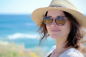 Wall Mural - Woman smiling by the ocean during a sunny day wearing sunglasses and a straw hat