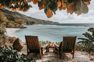 Wall Mural - Serene beachside retreat with inviting seating overlooking calm turquoise waters surrounded by nature