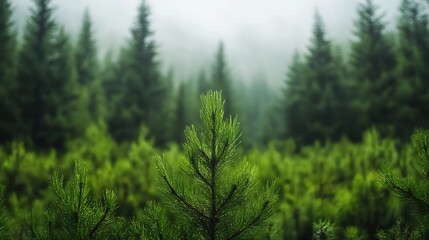Poster - Lush Evergreen Forest Shrouded in Mist on a Tranquil Morning : Generative AI