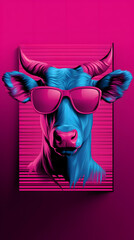 Wall Mural - Neonfarbene abstrakte Kuh mit Sonnenbrille in pink-blauem Retro-Futurismus-Design  
