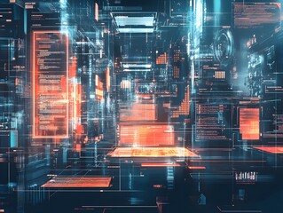 Poster - A futuristic digital landscape filled with glowing interfaces and data streams, representing advanced technology and innovation. Perfect for tech-related projects and concepts.
