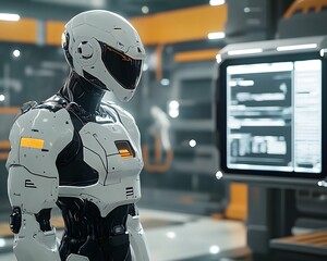 Poster - A futuristic robot stands beside an advanced control panel.