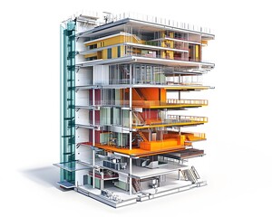 Poster - A modern architectural masterpiece showcasing innovative design with vibrant colors and transparent elements, emphasizing functionality and aesthetics in urban living spaces.