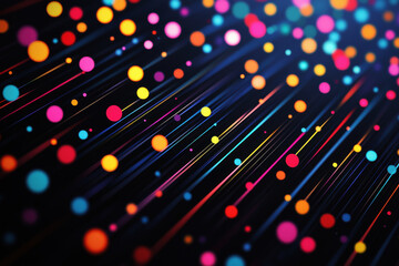 Poster - Dynamic abstract pattern of colorful dots and lines on dark background showcasing vibrant designs and high depth of field