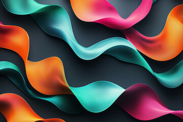 Poster - Vibrant flowing ribbons in gradients of teal, orange, and pink create an abstract pattern over a dark gray background