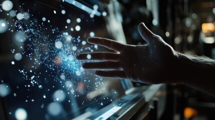 Poster - Hand interacting with a futuristic transparent display showing particle effects and data points, suggesting innovation in user interface and data visualization