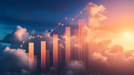Poster - A stunning visualization of growth illustrated by bar graphs against a vibrant sunset backdrop. This dynamic image represents financial success and upward trends in business.