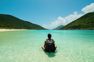 Wall Mural - Explorer enjoys serene waters and stunning landscapes in tropical paradise