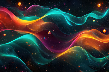 Poster - Swirling cosmic waves create an abstract space pattern with vibrant colors and glowing stars illuminating the universe