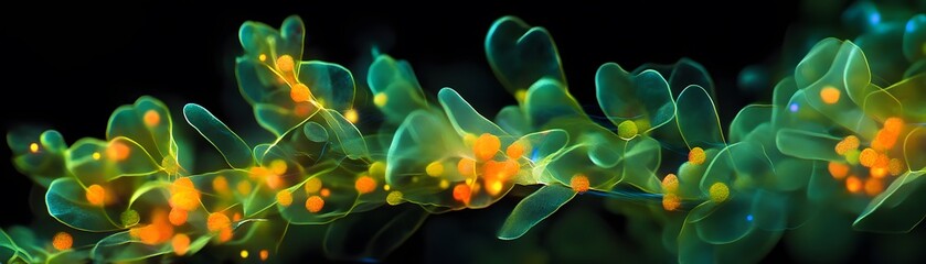 Poster - A vibrant and abstract representation of flowing green and yellow elements, resembling organic plant structures against a dark background, evoking a sense of life and nature.