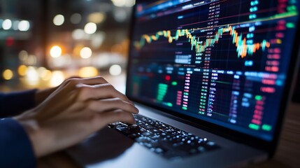 Fototapete - Person Typing on Laptop with Stock Market Charts and Data Displayed on Screen : Generative AI