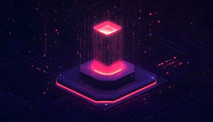 Poster - A vibrant digital scene featuring a glowing, hexagonal platform with a pulsating, illuminated cube at its center, surrounded by flowing data streams and a futuristic ambiance.