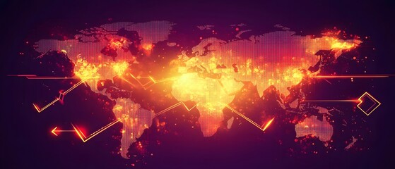 Poster - A vibrant, illuminated world map showcasing global connectivity through glowing lines and arrows. The design symbolizes data flow, communication, and modern technology's impact.