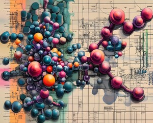 Poster - Abstract arrangement of colorful spheres on a blueprint background.